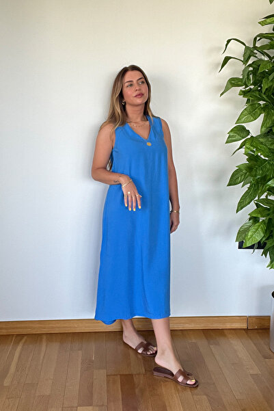 PİCCO Yeni Sezon Premium Kalite Kumaş V Yaka Şık Rahat Basic Midi Boy Elbise