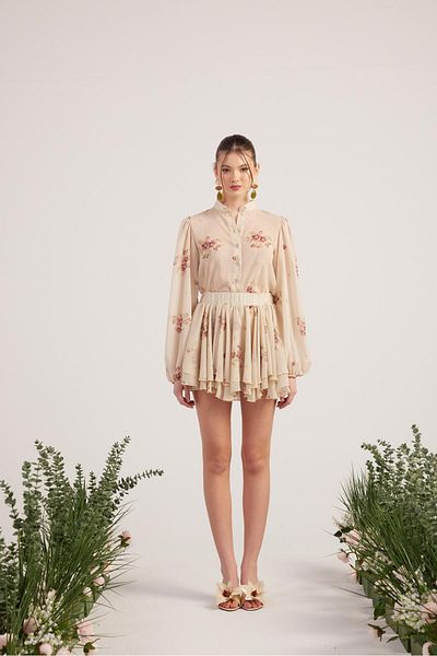 HOLLY LOLLY Beige Valeria Set: Floral Shirt and Shorts