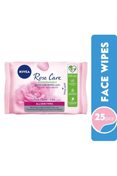 NIVEA Micellar Rose Care Face Wipes - 25 Pcs, 20x18cm, Gentle Cleansing Wipes
