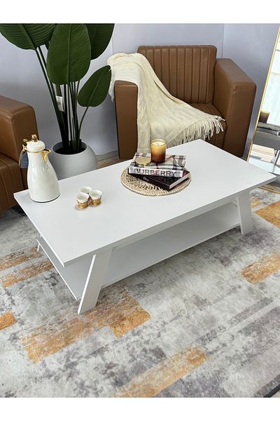 Living Rectangular wooden table with 2 levels, white color, height 36 cm, length 120 cm, depth 60 cm.