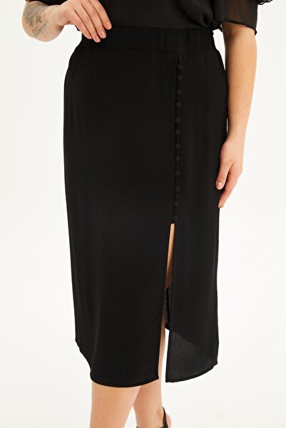 MYLİNE Beli Lastikli Düğmeli Midi Etek