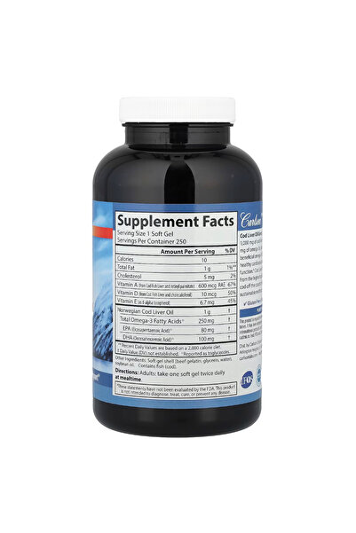 Carlson Cod Liver Oil Gems Super 1000 mg, 250 mg Omega-3s 400 IU (10 mcg) Vitamin D3 Norwegian 250 Soft Gels