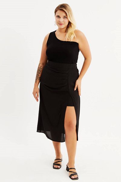 MYLİNE Gathered Midi Skirt with Elastic Back Waist