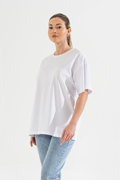 SWOMA %100 Pamuk Premium Quality / Oversize / Beyaz Kadın Bisiklet Yaka Basic Tişört