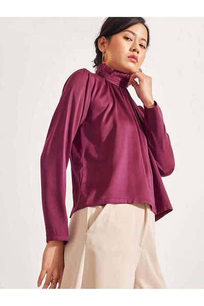 The Label Life Plum Satin Ruffle Neck Top – Stylish & Versatile