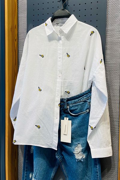 FEMELLE Cămașă oversize pentru femei, brodata cu pasăre albă, 100% bumbac