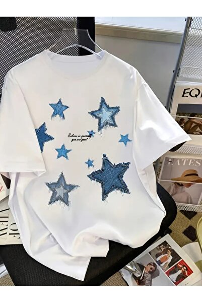 LAND MODA Tricou cu imprimeu cu stele, cu mâneci scurte, cu gât rotund, top c...