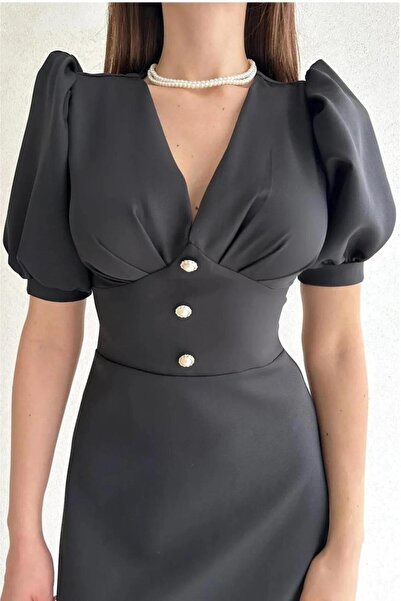 Deafox Black Balloon Sleeve Front Button Detail Crepe Fabric Midi Dress