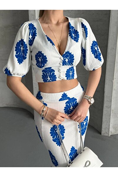 ZF BUTİK DOPPELTER ANZUG MIT BLUSE UND ROCK MIT FUNKELNEM MUSTER