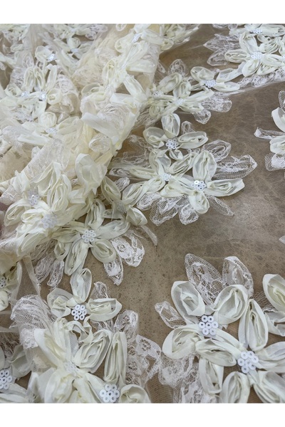 METERİAL 3D Çiçek Desenli Payetli Tül Kumaş Siyah & Krem Renk Seçenekli | 1 M...