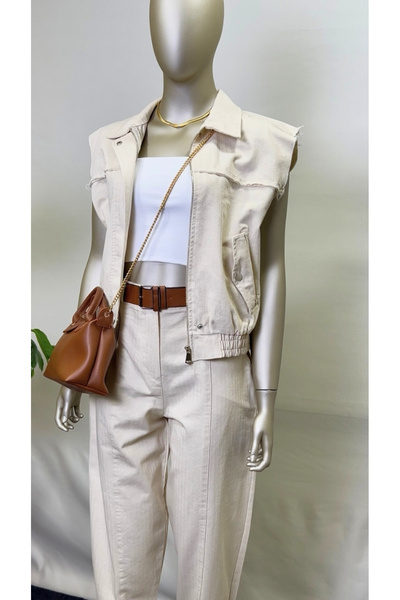 owwon Vestă de damă din Gabardină Bej cu buzunar cu clapă