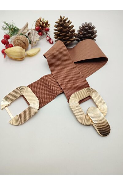 Sanalbolluk Altın Renk Tokalı Yanları Lastikli Kadın Spor Kemer