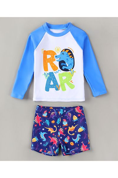 SAPS SAPS Dinosaur Printed Quick Drying Full Raglan Sleeves Sun Top & Swim Shorts Set - Blue & White