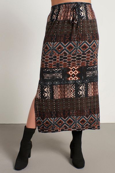 MYLİNE Ethnic Patterned Combed Cotton Long Skirt