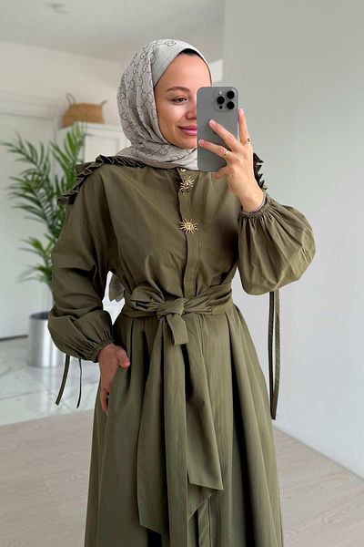 Ka Hijab Long Belted Wrap Khaki Dress