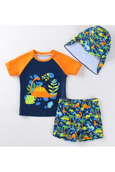 SAPS SAPS Dinosaur Printed Quick Drying Short Sleeves Sun Top & Swim Shorts Set With Cap - Navy Blue