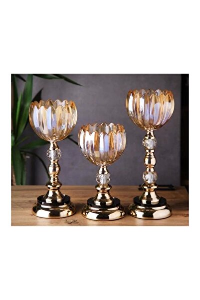 Genel Markalar 3 lü Kristal Cam Şamdan, Vazo Gold Metal Ayak 4470