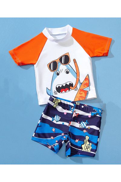 SAPS SAPS Marine Life Printed Quick Drying Short Raglan Sleeve Sun Top & Swim Short Set-Blue/Orange/White