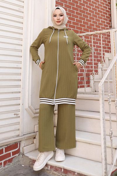 Modamihram Zippered Ribbed Suit Khaki Model: 10405