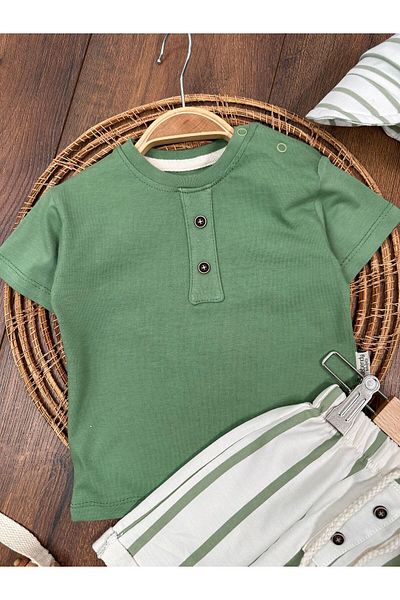 Bolly Baby Baby Boy Suit Summer Combination Striped Shorts and Hat Plain T-Shirt with Snap Fastener on the Shoulder