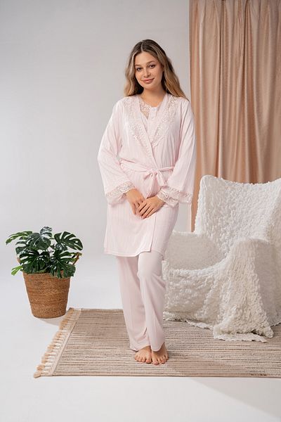 LOHOUSE Women's Powder Jacquard Special Design Lace Maternity Pregnant Dressing Gown 3-Piece Pajama Set