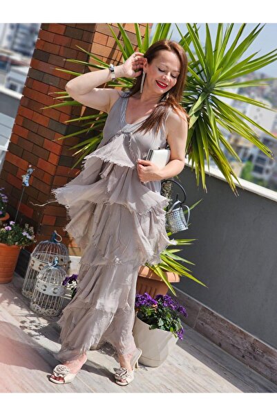 Felix Butik FELİX13529 Yakası Payetli Kolsuz Katlı İthal İpekli Vizon Elbise