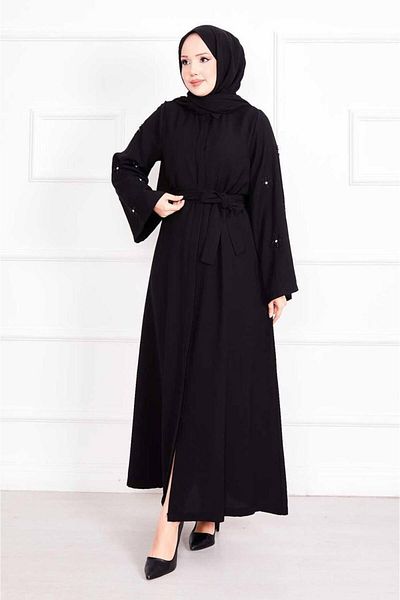 Güler Casual Μανίκι Λεπτομερές κρεπ ύφασμα μαύρο χρώμα Abaya