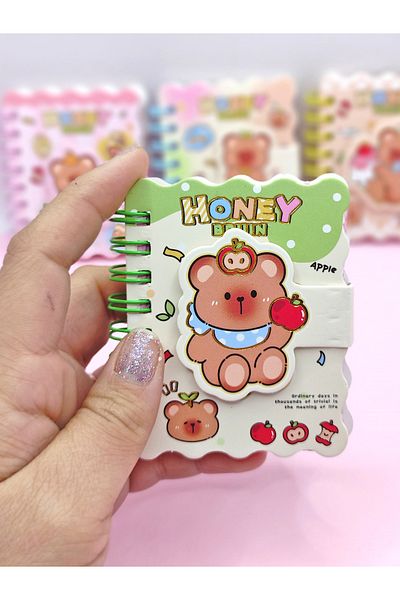 Limmy Cute Green Mini Note Notebook Honey Bear Velcro Pocket Size 7X8 cm