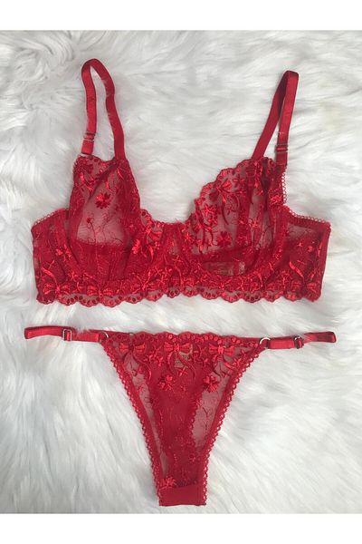 COLOR DE PIEL Women's Red Lace Stylish Bra Panty Set