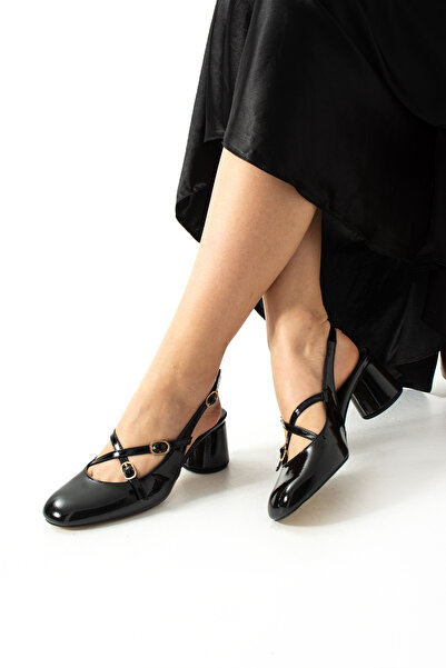 Güllü Shoes Μαύρο λουστρίνι Vegan δέρμα 5 cm Σταυρωτό λουράκι Κλασικό χοντρό ...