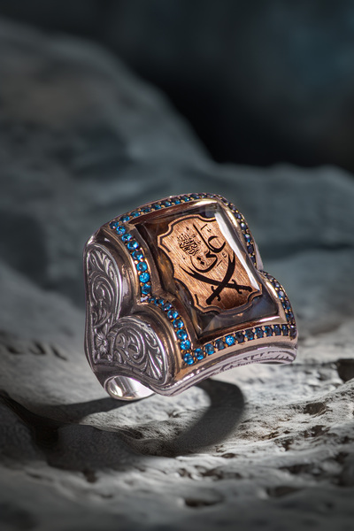 OSMANLI GÜMÜŞ Erkek Zultanit Taşlı Zülfikar Kılıcı İşlemeli Mavi Zirkon Taş D...