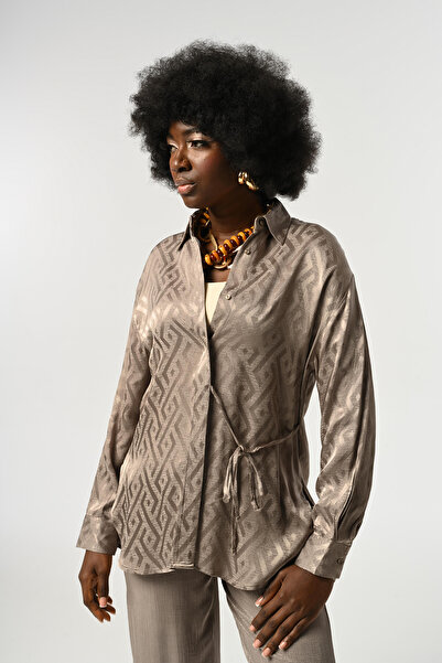 Orfeo Negro Women's Ethnic Patterned Gray Color Shirt with Tieing Detail