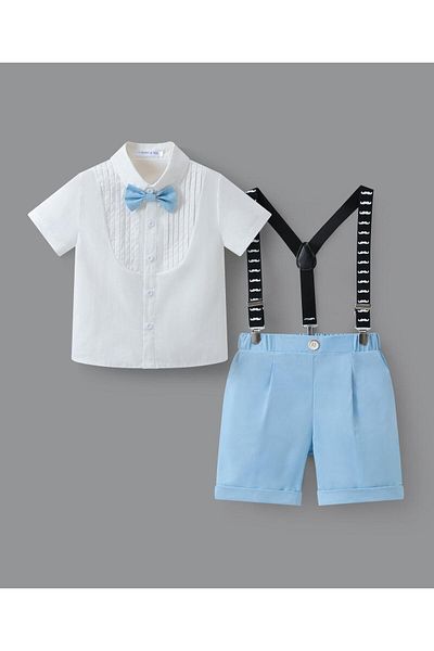 Mark & Mia Mark & Mia Party Suit with Bow and Suspenders - White & Blue