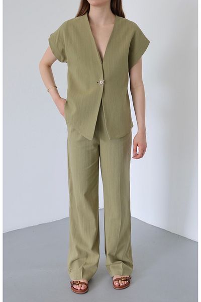 Laluvia Khaki 100% Cotton Sun Button Vest Trousers Suit - 8647