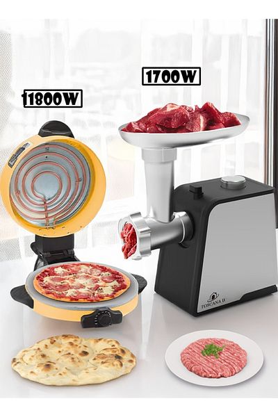 TOSCANA U 2 in 1 Set of 1700W Steel Electric Meat Grinder and 1800W Electric Arabic Bread and Pizza Maker