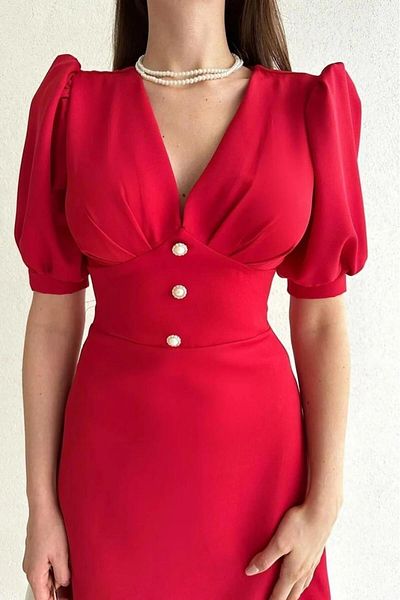 Deafox Red Balloon Sleeve Front Button Detail Crepe Fabric Midi Dress