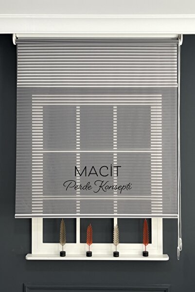Macit Design Koyu Gri Jaluzi Görünümlü Çiftli Tül Ve Stor Perde (Dayanıklı Al...