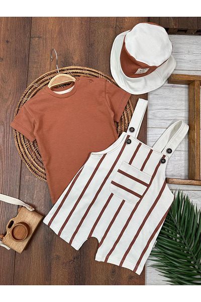 Adda Baby Summer 3-Piece Baby Boy Salopet Jumpsuit Striped Patterned Snap Fastener Tshrtli Cotton