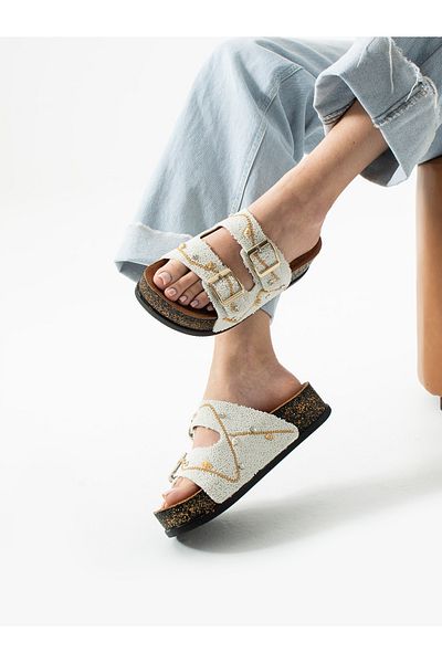 ALEMDAR AYAKKABI Γυναικείες παντόφλες BRICE White Special Stone Design