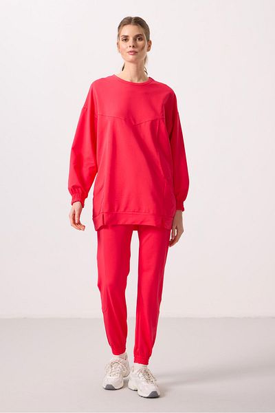 TOMMY LIFE Viva Red O Neck Basic Oversize Women's Tracksuit Tunic Set - 95347