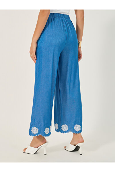 Styli Embroidered Denim Look Wide Leg Pants with Scalloped Hem