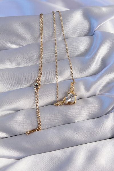 Store 316L Steel Chain Gold Color Zircon Stone Winged Heart Necklace