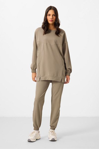 TOMMY LIFE Dark Beige O Neck Basic Oversize Women's Tracksuit Tunic Set - 95347