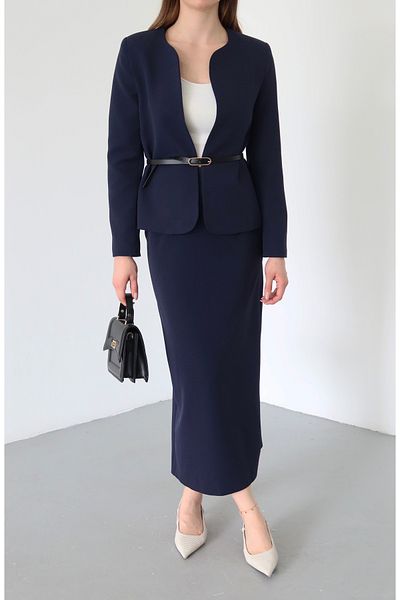 Laluvia Navy Blue Elvira Pencil Skirt Jacket Set - 8661