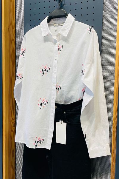 FEMELLE Cămașă de damă, albă, broderie, supradimensionată, 100% bumbac