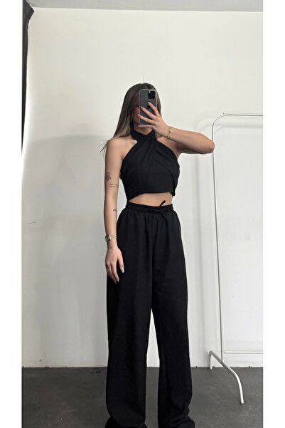 nona butik Σετ Λευκά Ενδύματα Σχεδιαστικά Halter - Μαύρο