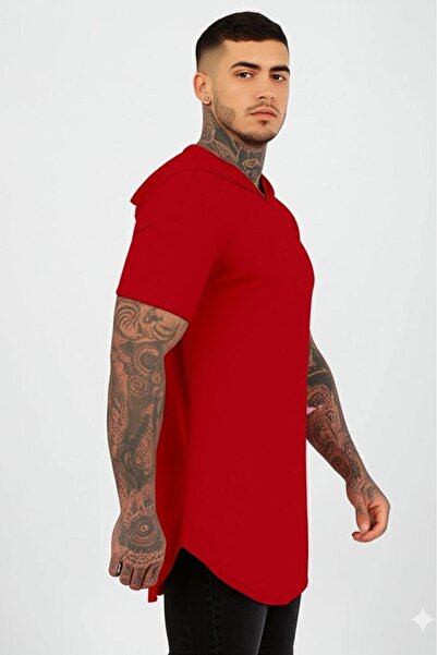 NO 601 Ανδρικό μπλουζάκι με κόκκινη κουκούλα με κοντό μανίκι οβάλ Slimfit