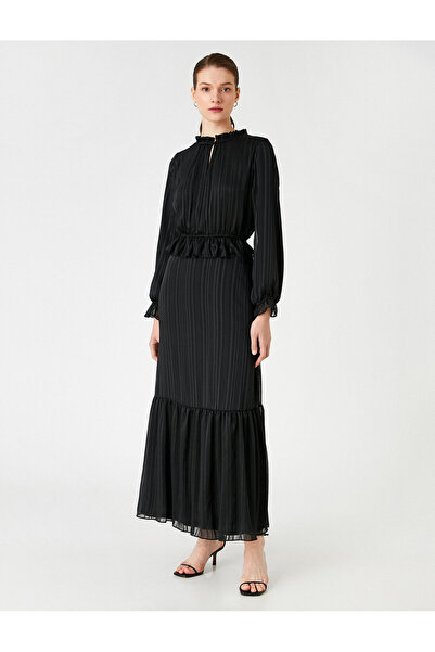 Koton Βραδινό φόρεμα με μακρυμάνικο γκλίτερ με ριγέ βολάν με λεπτομέρειες