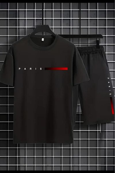 CAST COLLECTİON Men's Black Red Paris Printed Oversize Tshirt Black Shorts Set
