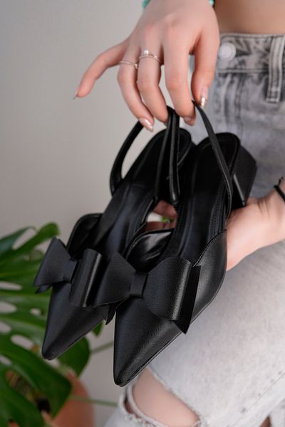 halabi moda Blush Bow Black Matte Leather Pointed Toe Short Block Heeled Women's Shoes